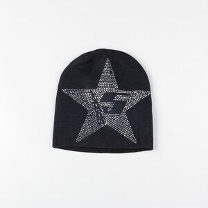 Sp5der Star Rhinestone Skully Black Knitted Hat